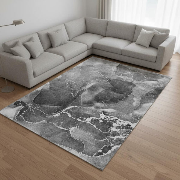 HomeRoots 8' X 10' Gray And Ivory Abstract Washable Area Rug – Durable, Stylish, Stain-Resistant & UV Protected 646672