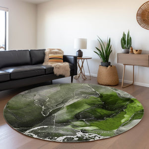 HomeRoots 8' Green and Charcoal Abstract Washable Round Rug - Durable, Stain-Resistant, UV Protected Design! 646677