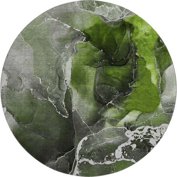 HomeRoots 8' Green and Charcoal Abstract Washable Round Rug - Durable, Stain-Resistant, UV Protected Design! 646677