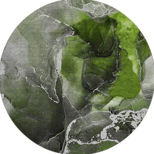 HomeRoots 8' Green and Charcoal Abstract Washable Round Rug - Durable, Stain-Resistant, UV Protected Design! 646677