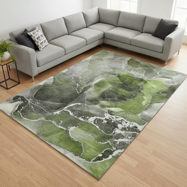 HomeRoots 8' X 10' Modern Green and Charcoal Abstract Area Rug – Washable, UV Protected, Durable & Stylish Design 646678