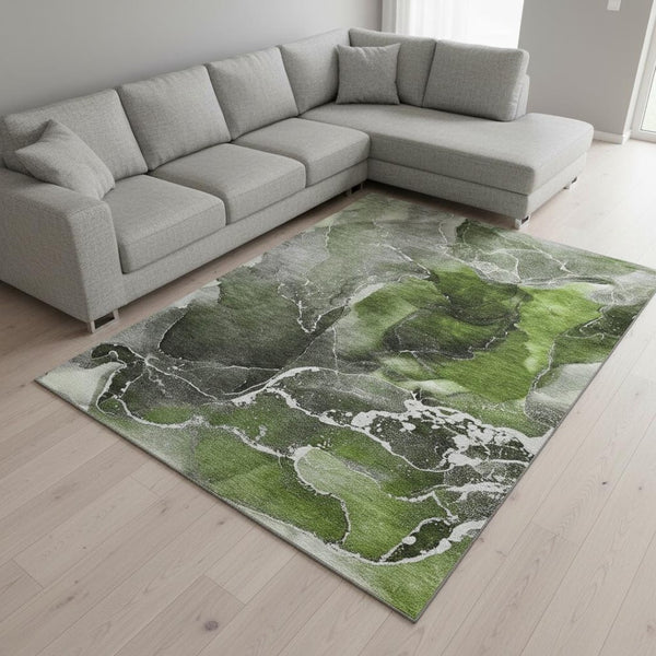 HomeRoots 9' X 12' Contemporary Green & Charcoal Abstract Washable Area Rug with UV Protection for Homes 646679