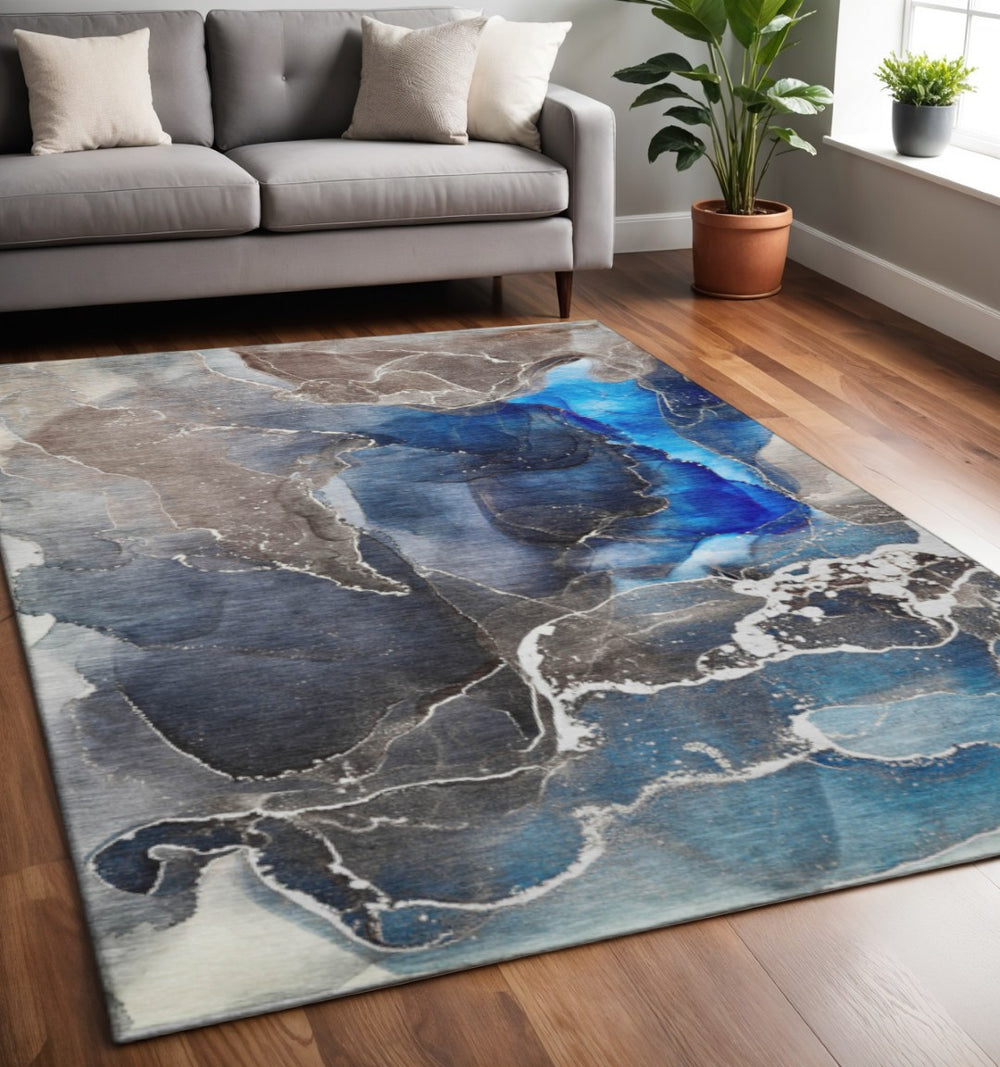 HomeRoots 5' X 8' Navy Blue & Charcoal Abstract Area Rug – Washable, UV-Protected, Stain-Resistant Design! 646682