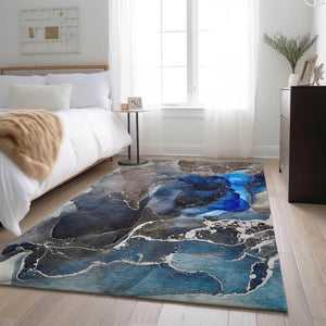 HomeRoots 5' X 8' Navy Blue & Charcoal Abstract Area Rug – Washable, UV-Protected, Stain-Resistant Design! 646682