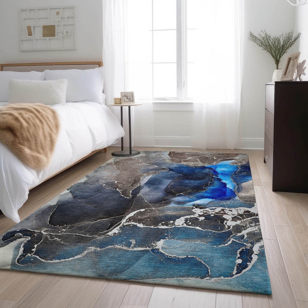 HomeRoots 5' X 8' Navy Blue & Charcoal Abstract Area Rug – Washable, UV-Protected, Stain-Resistant Design! 646682