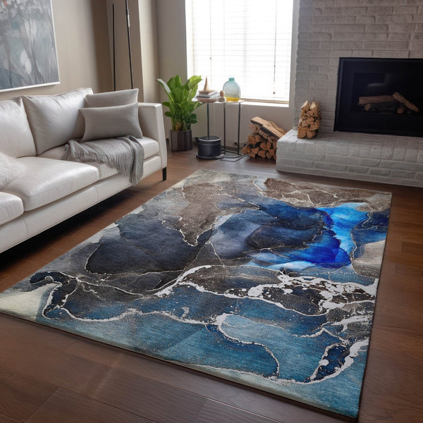 HomeRoots 5' X 8' Navy Blue & Charcoal Abstract Area Rug – Washable, UV-Protected, Stain-Resistant Design! 646682