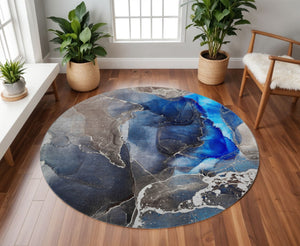HomeRoots 8' Navy Blue and Charcoal Abstract Washable Round Rug - Durable, Stain-Resistant, UV Protected Design! 646683