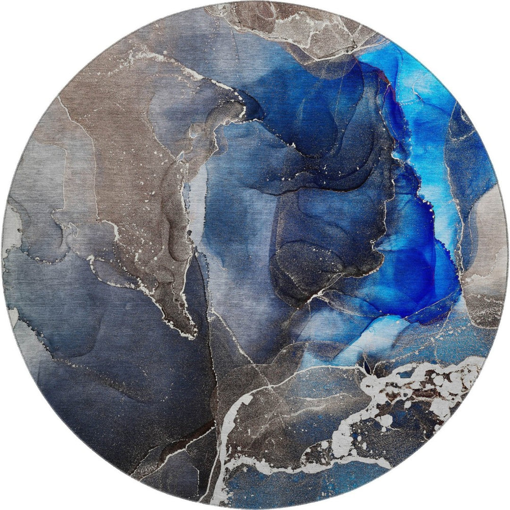 HomeRoots 8' Navy Blue and Charcoal Abstract Washable Round Rug - Durable, Stain-Resistant, UV Protected Design! 646683