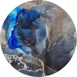 HomeRoots 8' Navy Blue and Charcoal Abstract Washable Round Rug - Durable, Stain-Resistant, UV Protected Design! 646683