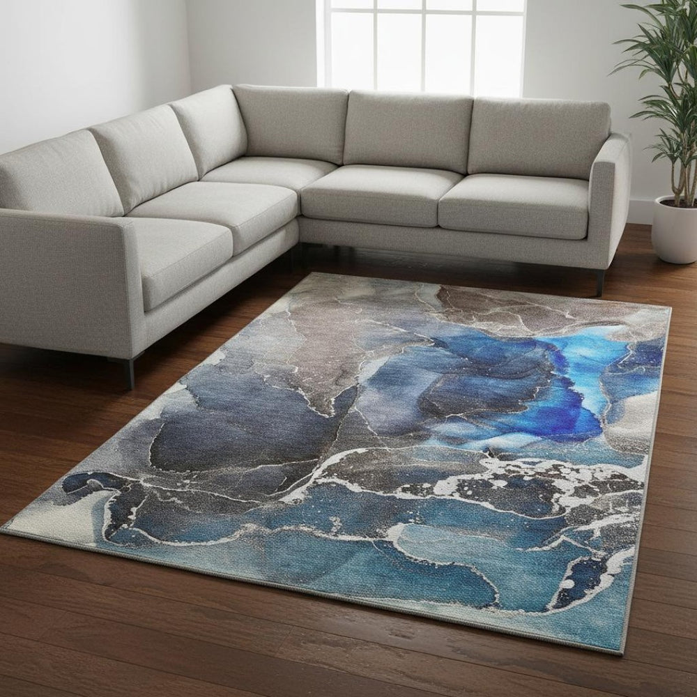 HomeRoots 8' X 10' Navy Blue and Charcoal Abstract Machine-Washable Area Rug with UV Protection & Style 646684