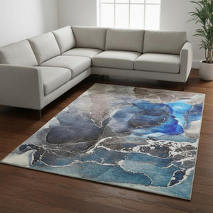HomeRoots 8' X 10' Navy Blue and Charcoal Abstract Machine-Washable Area Rug with UV Protection & Style 646684