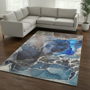 HomeRoots 9' X 12' Navy Blue & Charcoal Abstract Area Rug - Durable, Stain Resistant, UV Protected for Homes 646685
