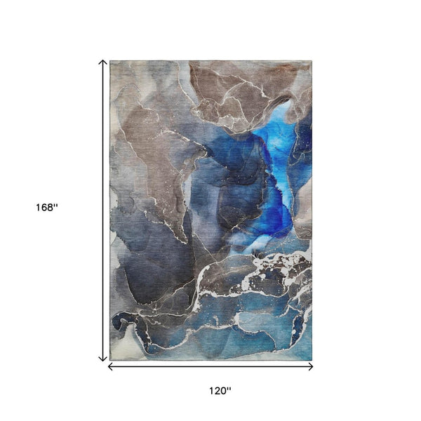 HomeRoots 10' X 14' Navy Blue & Charcoal Abstract Washable Area Rug - UV Protected, Durable, and Stylish! 646686