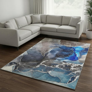 HomeRoots 10' X 14' Navy Blue & Charcoal Abstract Washable Area Rug - UV Protected, Durable, and Stylish! 646686
