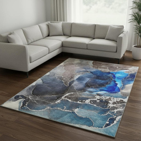 HomeRoots 10' X 14' Navy Blue & Charcoal Abstract Washable Area Rug - UV Protected, Durable, and Stylish! 646686
