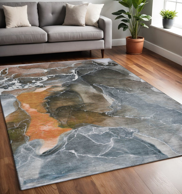 HomeRoots 5' X 8' Modern Orange and Charcoal Abstract Washable Area Rug with UV Protection for Busy Homes 646688