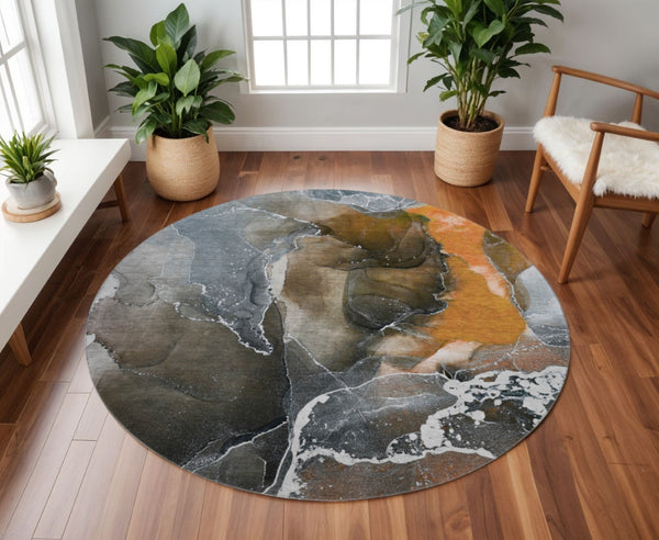 HomeRoots 8' Orange and Charcoal Abstract Washable Round Rug - UV Protected, Durable, Modern Style for All Spaces 646689