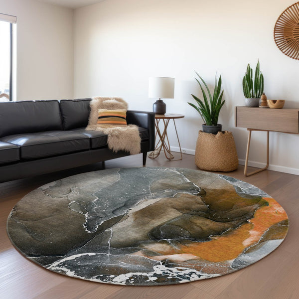 HomeRoots 8' Orange and Charcoal Abstract Washable Round Rug - UV Protected, Durable, Modern Style for All Spaces 646689