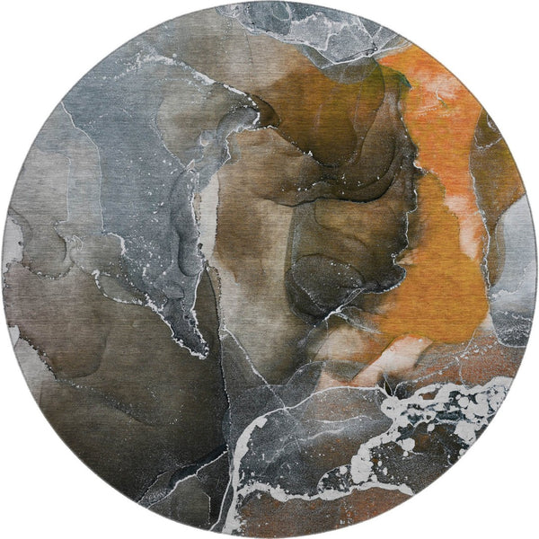 HomeRoots 8' Orange and Charcoal Abstract Washable Round Rug - UV Protected, Durable, Modern Style for All Spaces 646689