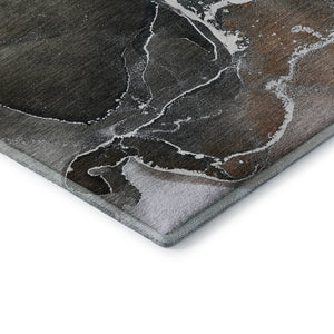 HomeRoots 8' Orange and Charcoal Abstract Washable Round Rug - UV Protected, Durable, Modern Style for All Spaces 646689