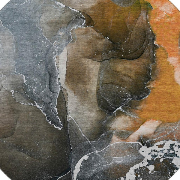 HomeRoots 8' Orange and Charcoal Abstract Washable Round Rug - UV Protected, Durable, Modern Style for All Spaces 646689