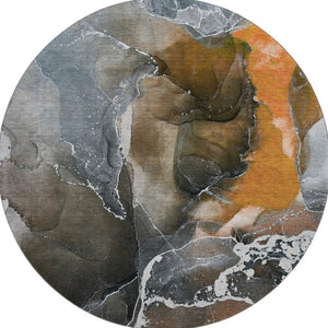 HomeRoots 8' Orange and Charcoal Abstract Washable Round Rug - UV Protected, Durable, Modern Style for All Spaces 646689