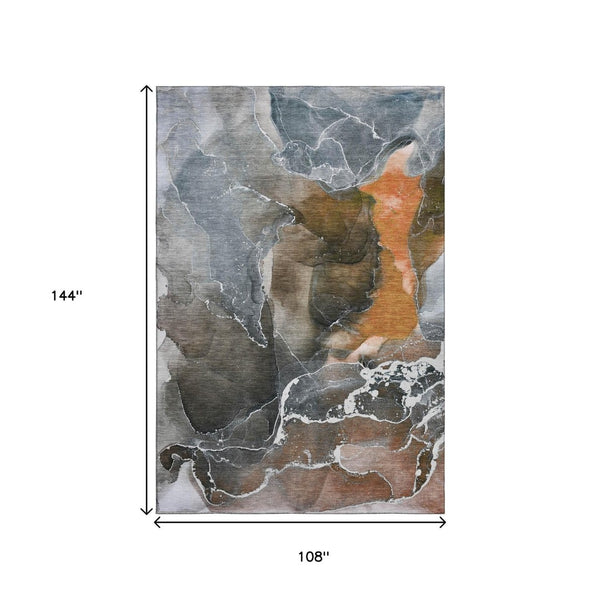HomeRoots 9' X 12' Modern Orange & Charcoal Abstract Washable Rug - Stain-Resistant, UV-Protected, Durable Design 646691