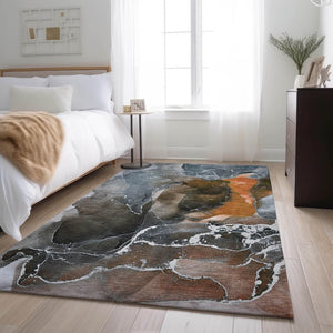 HomeRoots 9' X 12' Modern Orange & Charcoal Abstract Washable Rug - Stain-Resistant, UV-Protected, Durable Design 646691