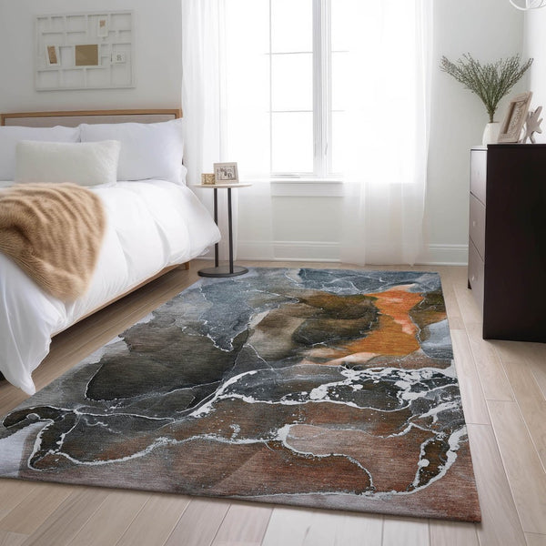 HomeRoots 9' X 12' Modern Orange & Charcoal Abstract Washable Rug - Stain-Resistant, UV-Protected, Durable Design 646691
