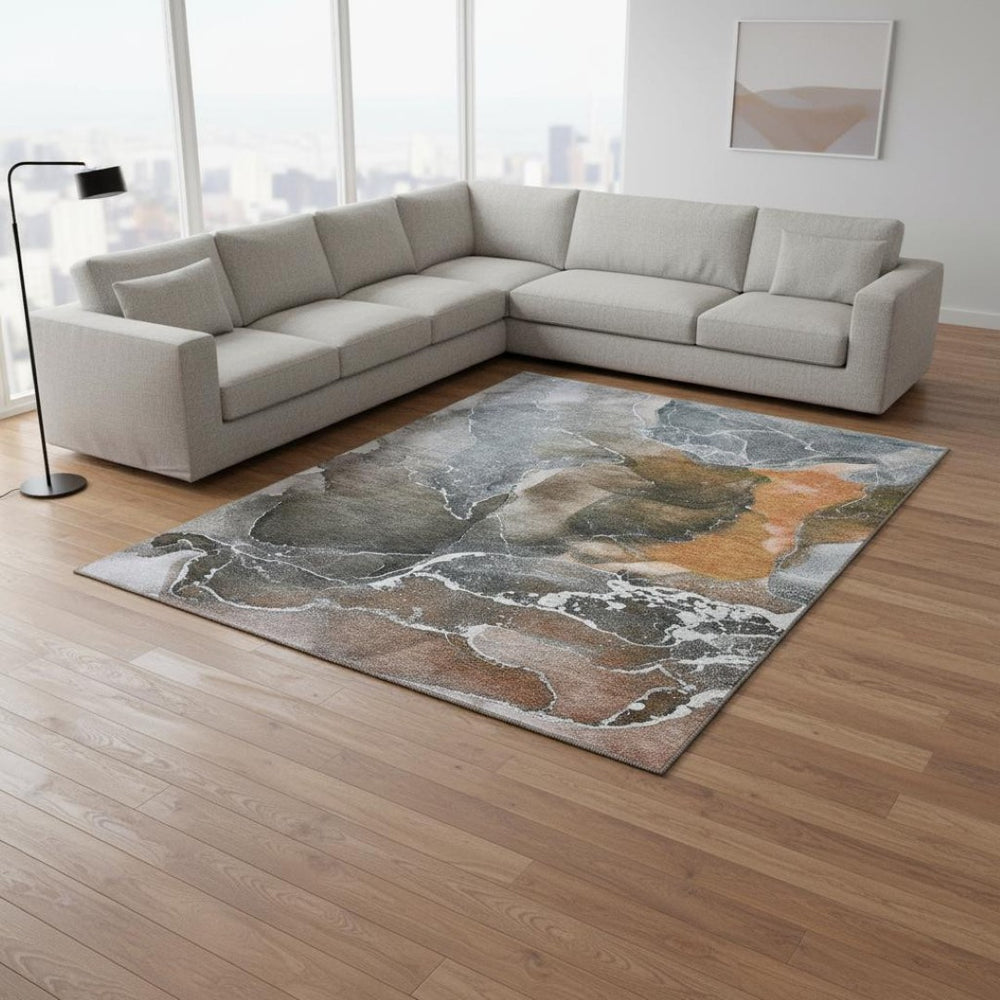 HomeRoots 9' X 12' Modern Orange & Charcoal Abstract Washable Rug - Stain-Resistant, UV-Protected, Durable Design 646691
