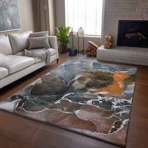 HomeRoots 9' X 12' Modern Orange & Charcoal Abstract Washable Rug - Stain-Resistant, UV-Protected, Durable Design 646691