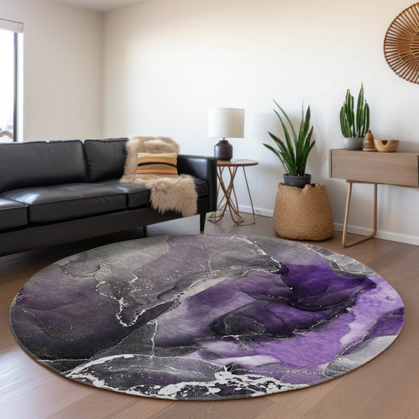 HomeRoots 8' Purple And Charcoal Abstract Round Rug - Washable, UV-Protected, Durable Design for Modern Homes 646695