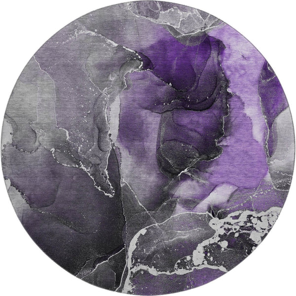 HomeRoots 8' Purple And Charcoal Abstract Round Rug - Washable, UV-Protected, Durable Design for Modern Homes 646695