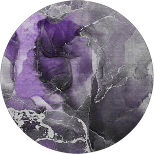 HomeRoots 8' Purple And Charcoal Abstract Round Rug - Washable, UV-Protected, Durable Design for Modern Homes 646695