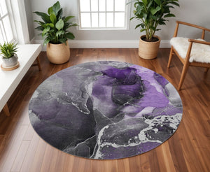 HomeRoots 8' Purple And Charcoal Abstract Round Rug - Washable, UV-Protected, Durable Design for Modern Homes 646695