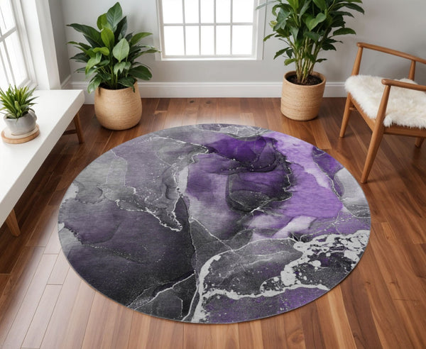 HomeRoots 8' Purple And Charcoal Abstract Round Rug - Washable, UV-Protected, Durable Design for Modern Homes 646695