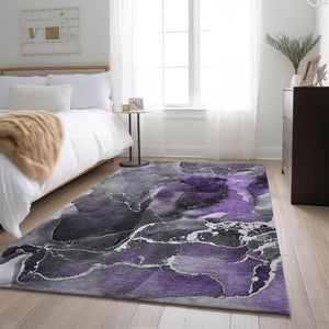 HomeRoots 8' X 10' Contemporary Purple & Charcoal Abstract Washable Area Rug with UV Protection & Durability 646696