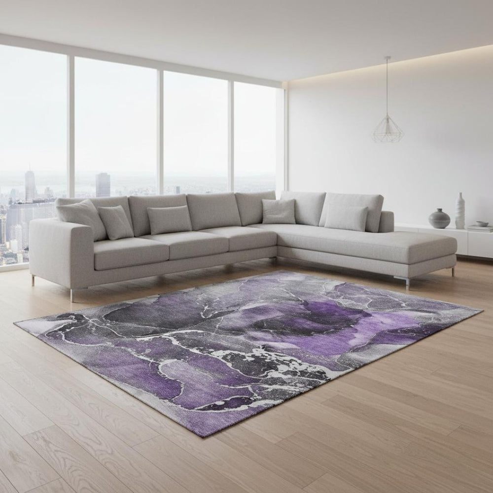 HomeRoots 9' X 12' Stylish Purple & Charcoal Abstract Washable Area Rug with UV Protection for High-Traffic Areas 646697
