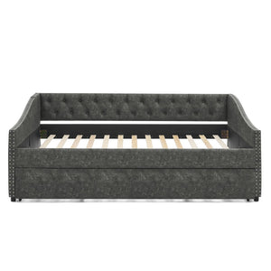 English Elm Full Size Upholstered Daybed with Trundle Usb Ports Tufted Back Wave Arms W1413S00159
