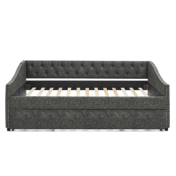 English Elm Full Size Upholstered Daybed with Trundle Usb Ports Tufted Back Wave Arms W1413S00159