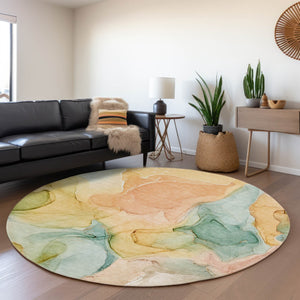 HomeRoots 8' Vibrant Blue Green and Orange Abstract Round Rug - Washable, UV-Protected, Durable Design for Homes 646701