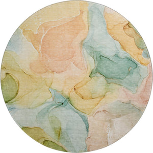 HomeRoots 8' Vibrant Blue Green and Orange Abstract Round Rug - Washable, UV-Protected, Durable Design for Homes 646701