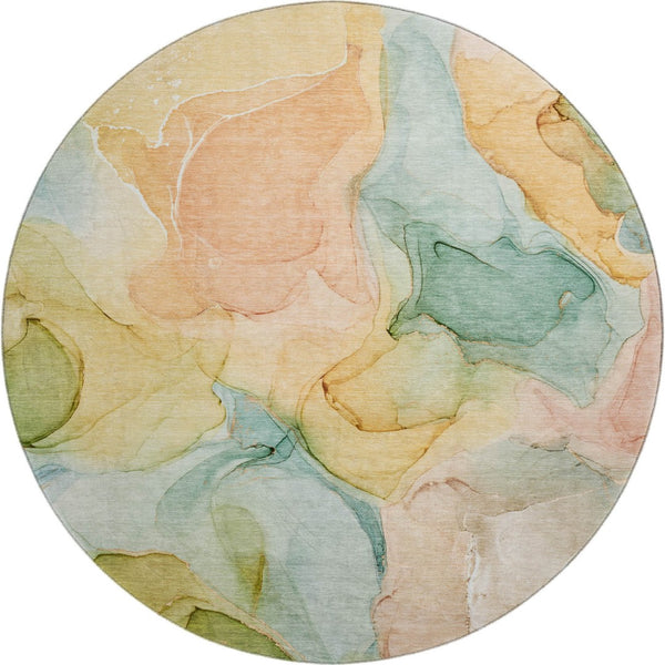 HomeRoots 8' Vibrant Blue Green and Orange Abstract Round Rug - Washable, UV-Protected, Durable Design for Homes 646701