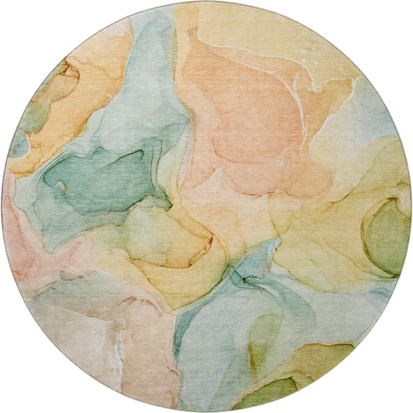 HomeRoots 8' Vibrant Blue Green and Orange Abstract Round Rug - Washable, UV-Protected, Durable Design for Homes 646701