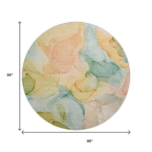 HomeRoots 8' Vibrant Blue Green and Orange Abstract Round Rug - Washable, UV-Protected, Durable Design for Homes 646701