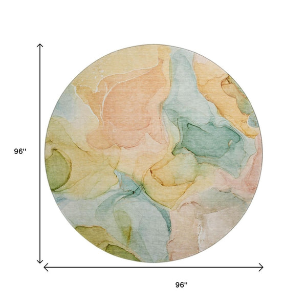 HomeRoots 8' Vibrant Blue Green and Orange Abstract Round Rug - Washable, UV-Protected, Durable Design for Homes 646701