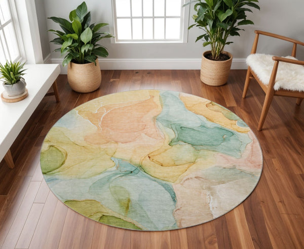 HomeRoots 8' Vibrant Blue Green and Orange Abstract Round Rug - Washable, UV-Protected, Durable Design for Homes 646701