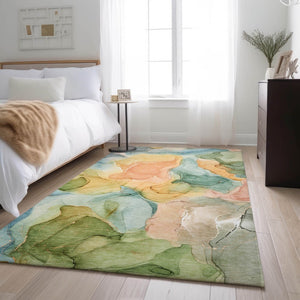 HomeRoots 8' X 10' Vibrant Blue Green Orange Abstract Washable Area Rug with UV Protection for Modern Homes 646702