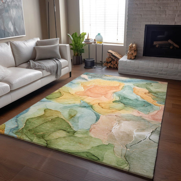 HomeRoots 8' X 10' Vibrant Blue Green Orange Abstract Washable Area Rug with UV Protection for Modern Homes 646702