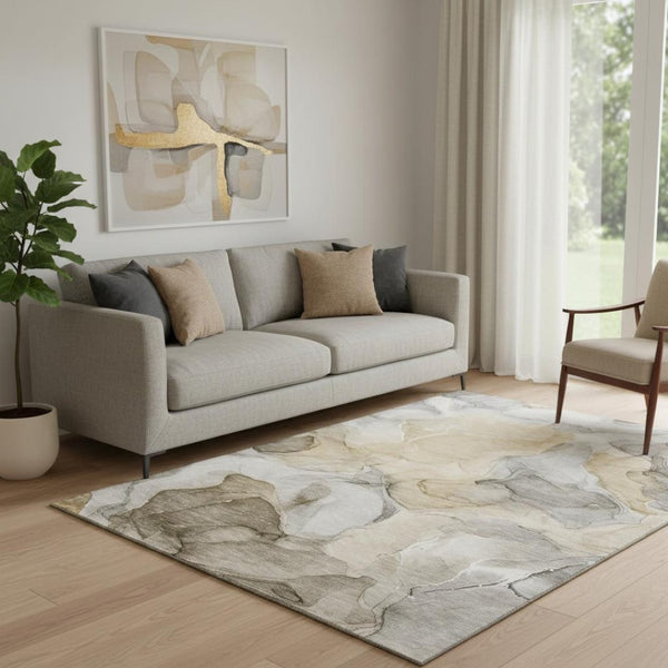 HomeRoots 5' X 8' Abstract Washable Area Rug in Brown, Gray, and Ivory - UV Protected, Durable & Stylish Decor 646706